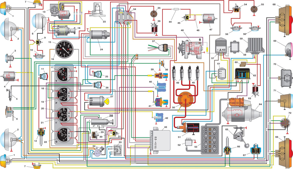 Электросхема УАЗ 452 старого образца с амперметром, для Буханки с карбюраторным ДВС и УАЗ 3741, 3962, 2206